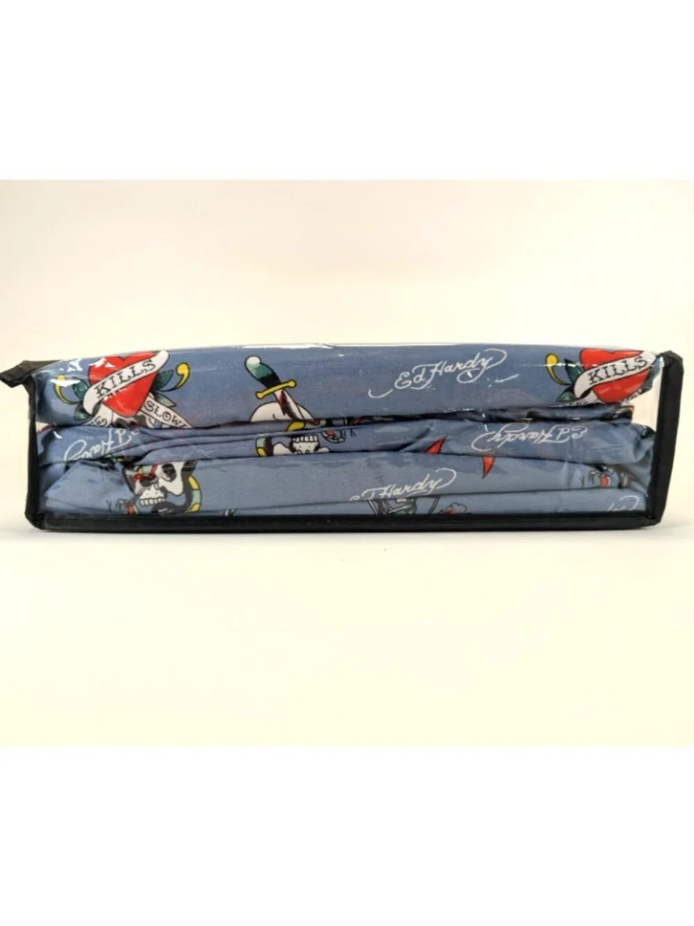 Ed Hardy Queen Sheet Set 6-Piece w 4 Pillowcases Blue Skull Cross Sheets - NEW